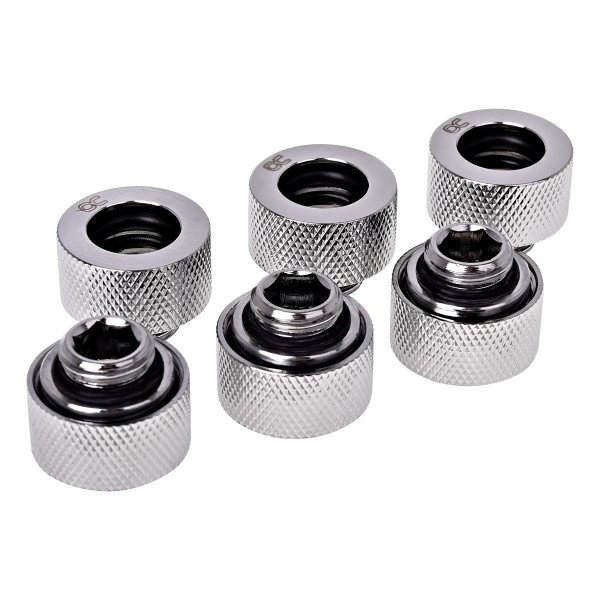 Alphacool HT 13mm HardTube Compression Fitting G1/4 for Plexi or Brass Tubes - Knurled - Chrome - Six Pack (17382)