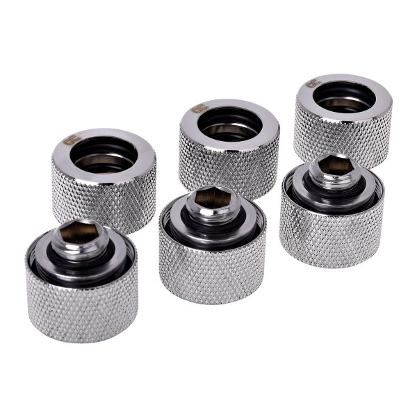Alphacool HT 16mm HardTube Compression Fitting G1/4 for Plexi or Brass Tubes - Knurled - Chrome - Six Pack (17384)
