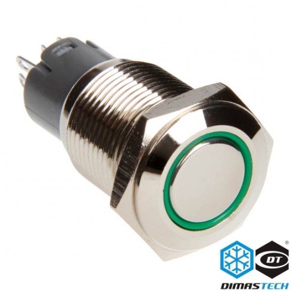 DimasTech® 16mm Vandal Resistant "Latching" Bulgin Switch - Silver Housing - Green LED (PD006)