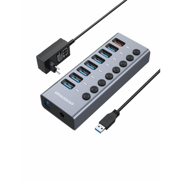 GRAUGEAR 7-port USB 3.0 Type-A HUB + 1x Charging Port, Aluminum Housing, Individual On/Off LED Switches (G-HUB71-A)