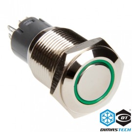 DimasTech® 16mm Vandal Resistant "Momentary" Bulgin Switch - Silver Housing - Green LED (PD004)