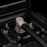 Matte nickel DeltaMate 7mm male to male extender joining a 90 degree rotary fitting to a CPU water block