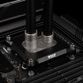 Matte nickel DeltaMate extender raising a compression fitting on a CPU water block
