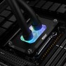AM5 Mycro Pro RGB CPU water block installed on a motherboard with two tubes connected and the lighting on