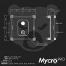 Dimension drawing: Mycro Pro RGB CPU block for Intel LGA 1851, 90 x 90 mm, with the inlet and outlet ports marked