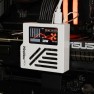 WireView Pro II in white plugged into a graphics card inside a PC, display on, USB-C cable and sensor lead connected